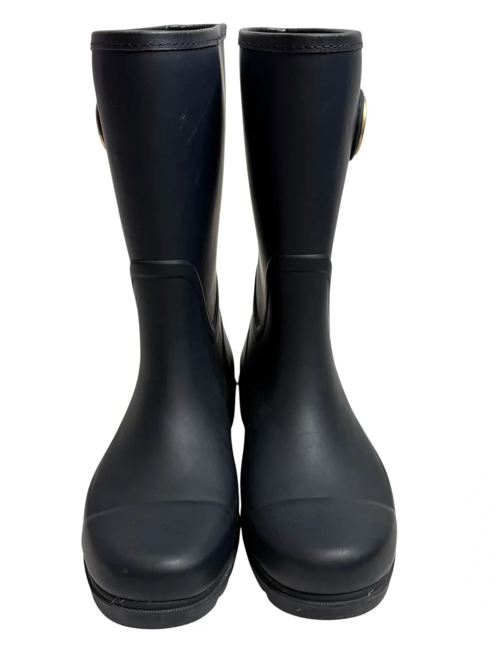 Tory Burch Navy Mid-Calf Rain Boots with Gold Logo